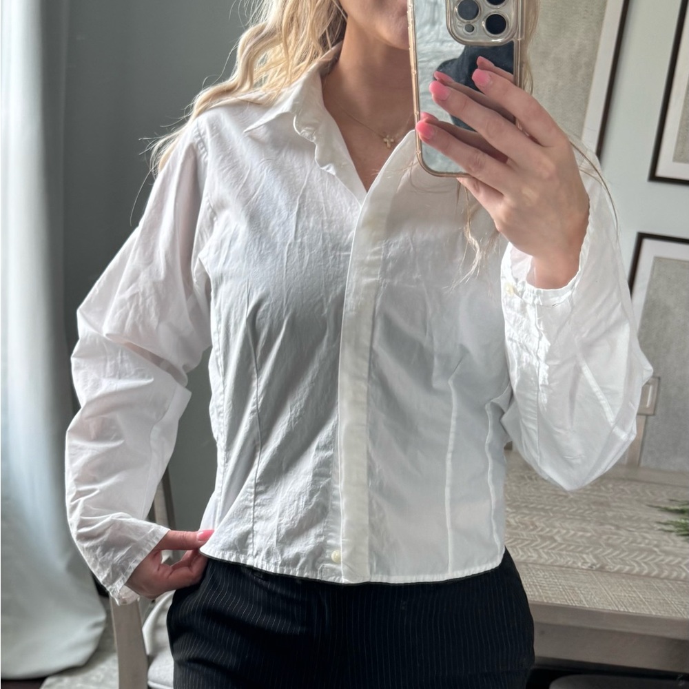 LOFT White Button-Up Crop Blouse Shirt - Picture 6 of 11